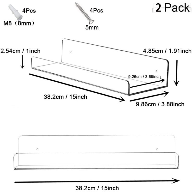 Cerpourt Acrylic Floating Wall Ledge Shelf  Clear Bathroom Storage Shelves Display Acrylic 15"" Invisible Bookshelf (2pack) - Image 2